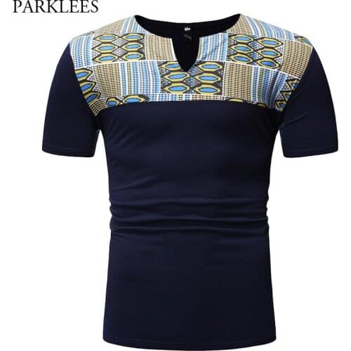 African Dashiki Patchwork Print Tshirt Men 2020 Casual Short Sleeve V Neck Tee Shirt Homme Hip Hop Hipster African Clothes Male