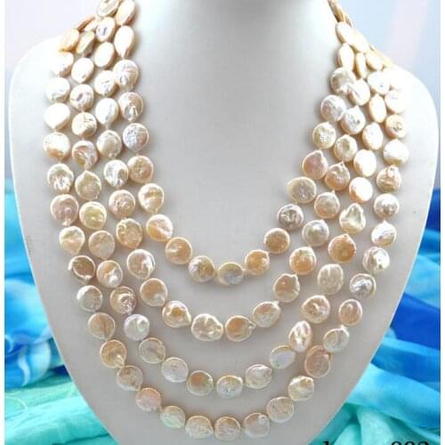 FREE SHIPPING HOT sell new Style >>>>100" 15mm coin baby pink freshwater pearl necklace