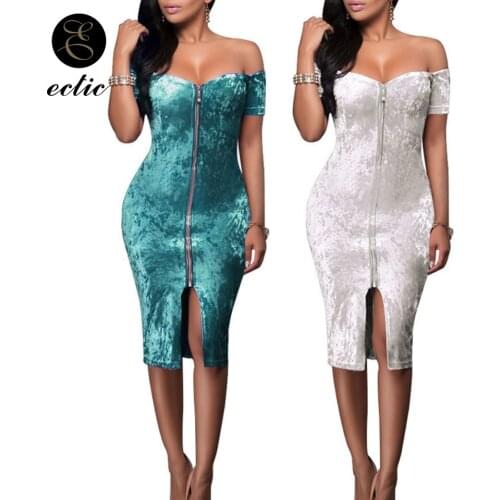 Strapless Bodycon Dress Velour Women Off Shoulder Sukienka Sexy Pencil Dress Front Zipper Slit Crushed Velvet Dress Midi Elegant