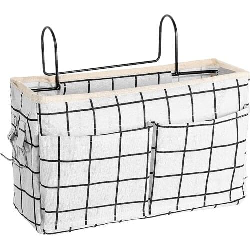 Gadget Storage Holder Book Bed Organizer Couch Hanging Bag Bedside Hanging Bag with Iron hook Fabric Bedside Storage Bag Pockets