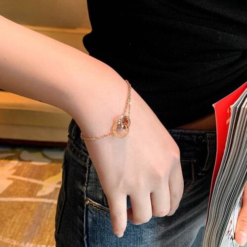 Korea Exquisite Retro Fashion Shiny Gem Circle Ladies Chain Bracelet Stainless Steel Three-Color Girl Bracelet Best Gift