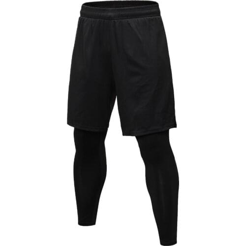 2021 Men Fake Two Pieces Compression Quick Dry Elastic Waist Pants Skinny Drawstring Bodybuilding Jogger Tight Leggings Trousers