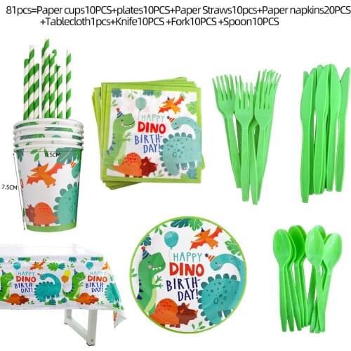 Dinosaur Party Disposable Plates And Cups Set Disposable Tableware Set Cake Topper Dino Balloons Baby Show Kids Birthday Decor