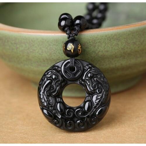 Natural Obsidian Double Pi Xiu Peace-Buckle Jade Pendant Jewelry Lucky Exorcise Evil Spirits Amulet Jade Pendant Fine Jewelry