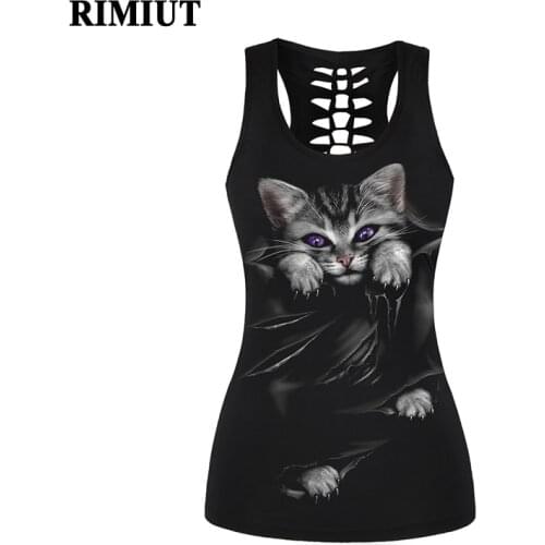 New Rimiut New Arrival 3D Animal Cat Printing Womens Fashion T-shirt Skull Flower Punk Girl Lady Night Party Tops Tee Shirts