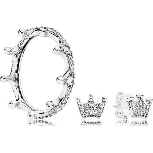 NEW 100% 925 Sterling Silver Simple and Elegant Original ENCHANTED CROWN RING EARRING STUDS Set Charming Gift Recommended