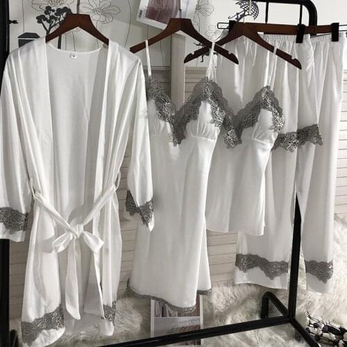 5PCS Sleepwear Lady Lace Pajamas Set Women Sexy Bathrobe Pyjamas Casual V-Neck Nightwear Kimono Robe Gown Lounge Home Clothing