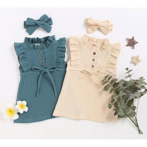 Girl’s Ruffles Vest Dress with Headband Fashion Solid Color Button Bow A-line Princess Dress Summer Sleeveless Kid Clothing
