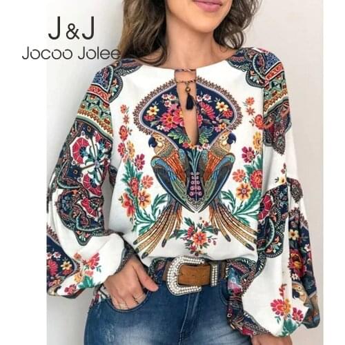 Jocoo Jolee Floral Print Lantern Sleeve Shirt 2019 Boho Blouse Sexy Lace Up Tassel O Neck Women Tops Spring Summer Chic Blouses