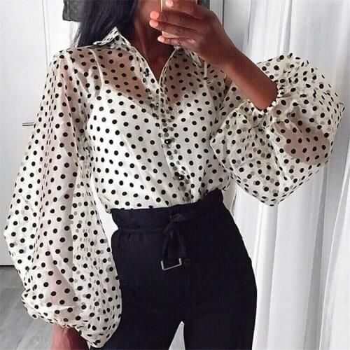 Sexy Women Ladies See through Mesh Sheer Blouse Long Sleeve Mesh Night Club Wear Tops Polka Dot Print Transparent Shirt Blouses