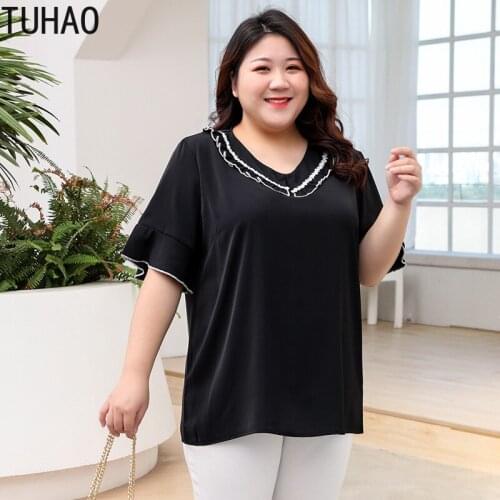 TUHAO Mother Mom Summer Blouses Women Tops Flare Sleeve Solid Blouse Loose Work Wear Shirts Office Plus Size 6XL 7XL 8XL Blusas