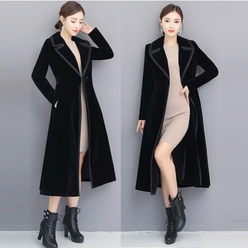 Spring Fall Women 3xl Suit Collar Patchwork Velvet Elegant Outwear , Female Overcoat Woman Black Velour Cardigan Trench Coat