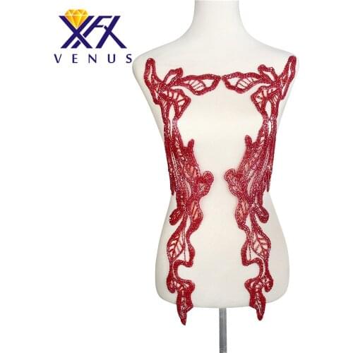 XINFANGXIU Handsewing Red Patches tubular beads Patches stone beads large beaded patches applique for dress gown decorations
