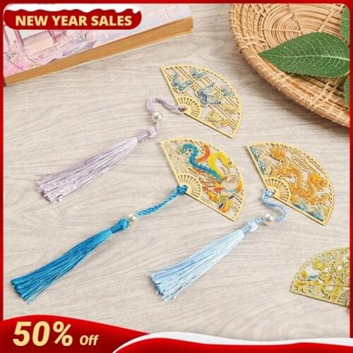 Bookmark Retro Chinese Style Brass Folding Fan Stationery Office Supplies Book Clip Pagination Mark Flower Tassel Gifts
