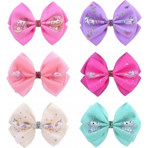 12pcs Fashion Cute Unicorn Ribbon Bow Hairpins Cartoon Horse Glitter Bowknot Alligator Clips Princess Headwear Hair Accessories