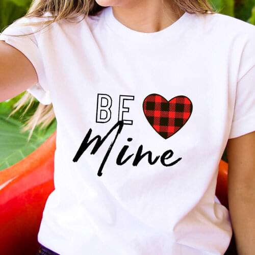 Be Mine Plaid Heart Printed 100%Cotton Women T-shirt Valentines Day O-Neck Pullovers Short Sleeve Top Valentines Day Shirt