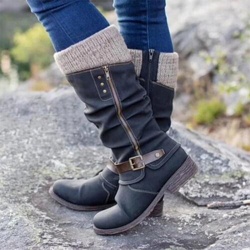 Plus Size Women Boots Winter Square Heel Long High Boots Ladies Zipper Motorcycle Boots Women Shoes Mid Calf Botas Mujer