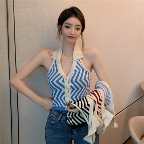 Women 2021 Sexy Fashion Striped Knitted Vest Sweater Vintage Sleeveless Female Cardigan Backless Waistcoat Chic Tops