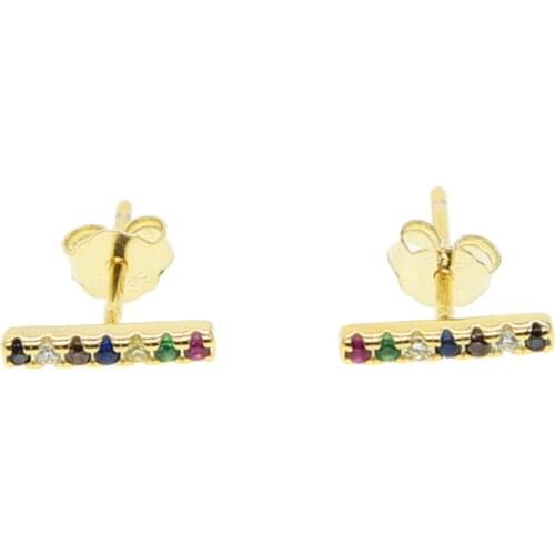 Gold color 100% 925 sterling silver tiny mini cute girls jewelry rainbow cz colorful thin bar delicate 925 silver stud earring
