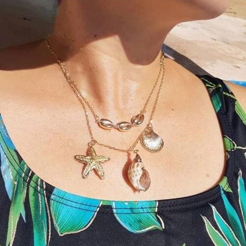 2 Pcs/Set Beach Fashion Necklaces Retro Natural Conch Shell Star Gold Chain Multilayer Necklace Women Bohemian Jewelry Gift