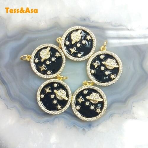 5pcs Zircon Gold Starry Sky Universe Pendant Charm Circle Charm Coin Round Pendant Charm Necklace For Women Earring Micro Cubic