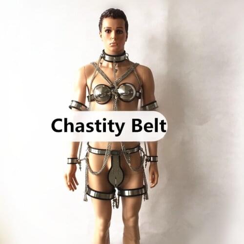 5in1/8in1(Collar+Chastity Bra+Chastity Belt+Handcuffs+Thigh Rings) Stainless Steel Bondage Kits Pink and Black MaleG7-4-43
