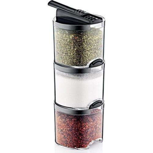Acrylic Snap On Standing 3'lü Bremen Spice Rack Set-Black Kitchen Salt Pepper Container