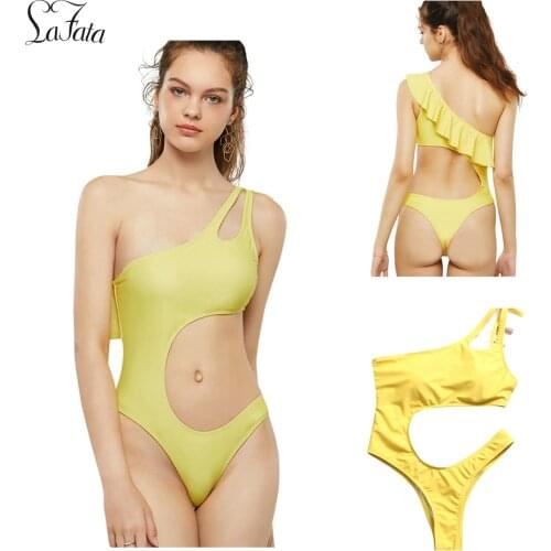 Asymmetric One Shoulder Ruffle Bikini High Cut Bikini