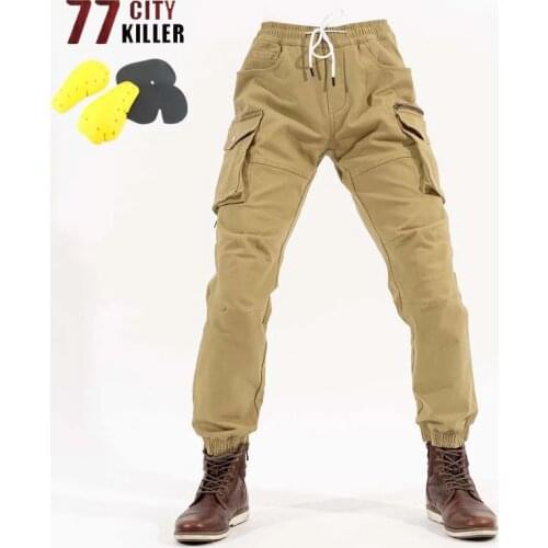 Elastic Waist Cycling Pants Men Motorcycle Multi-pocket Riding Cargo Trousers Fleece Warm Motocross Joggers With Protective Gear