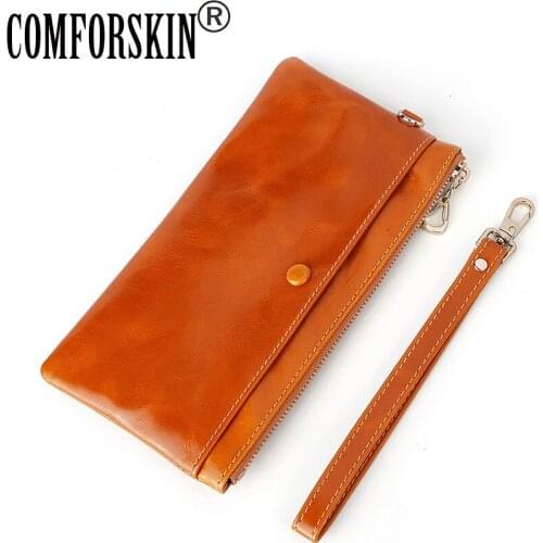 COMFORSKIN Small Mobile Phone Zipper Pocket Hot Brand Long Vintage Coin Purses Genuine Leather Multi-function Ladies Wallets