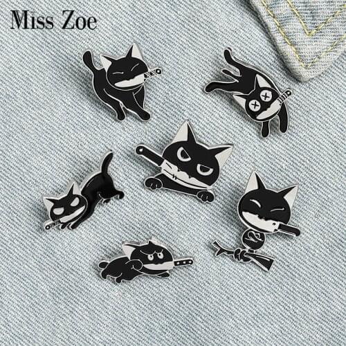 Killer Cat Enamel Pins Funny Animal Kitten Knife Badge for Shirt Coat Lapel Pin Cartoon Brooches Jewelry Gifts for Friend Kids