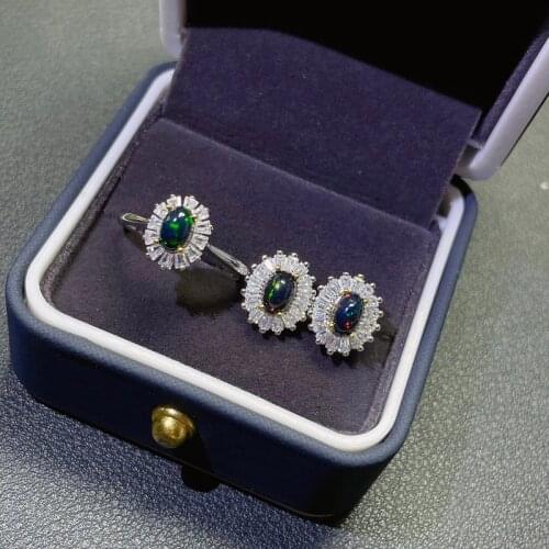 Natural Real Black Opal Round Ring set Free Shipping 4*6mm Gemstone 925 Sterling Silver Fine Jewelry