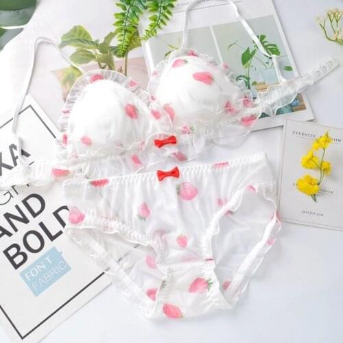 Japan Lolita Strawberry Lingerie Transparent Bra and Panty Set Lace Underwear Women Girl Teens Thin Mesh Wire Free Bra Thong Hot