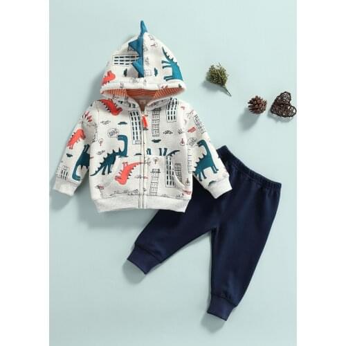 3-24m Newborn Baby Boys 2pcs Clothes Set Dinosaur Print Cartoon Hooded Jacket Coat and Solid Color Long Pants Autumn Outfits