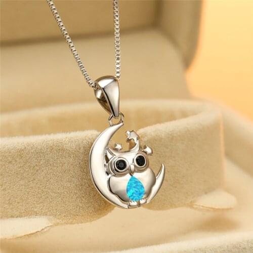Cute Star Moon Owl Animal Necklace Luxury Female White Blue Opal Pendant Necklace Vintage Silver Color Chain Necklaces For Women
