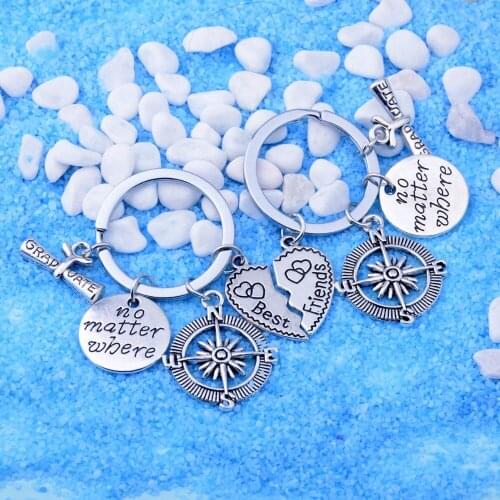 No Matter Where Pendant Friendship Best Friend Jewelry Broken 2 Heart Keychains Puzzle Heart Keyrings Vintage Compass Handmake