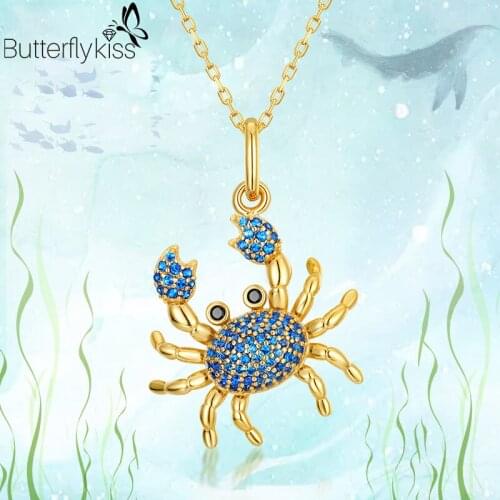 BK 925 Sterling Silver Necklace Pendant For Women Girl Blue Spinel Zircon Crab Animal Fashion Unique Design Wedding Fine Jewelry