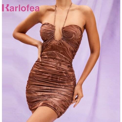 Karlofea Sexy Print Dress For Women 2021 Summer Halter Ruched Bodycon Mini Dress Club Party Outfits Clothes Vacation Vestidos