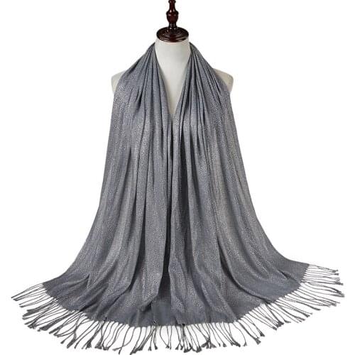 Popular Glitter Tassel Scarf With Silver Thread Plain Scarf Hijab Thin Soft Muffler Muslim Hijab Headband Long Fashion Wraps