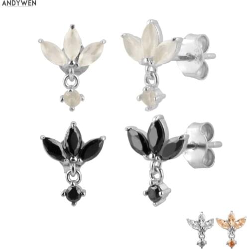 ANDYWEN 100% Real 925 Sterling Silver Three Zircon Stud Earring Milk Black Piercing 2020 Crystal CZ Rock Punk Special Jewelry