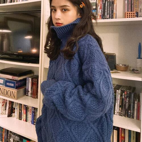 JuneLove Winter Thick Women Sweater Lady High Street Turtleneck Knitted Pullovers Vintage Female Loose Blue Sweaters Thick Tops