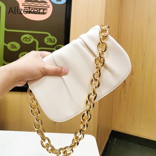 Thick Metal Chain Shoulder Bags For Women 2020 New Korean Pearls Beading Pleated Handbag Ladies Green Hobos Purses High Quality