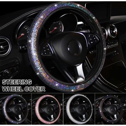 15" Universal Car Steering Wheel Cover PU Leather Non-slip Protective Cover 37-38cm Bling Diamond Shiny Car Interior Decoration