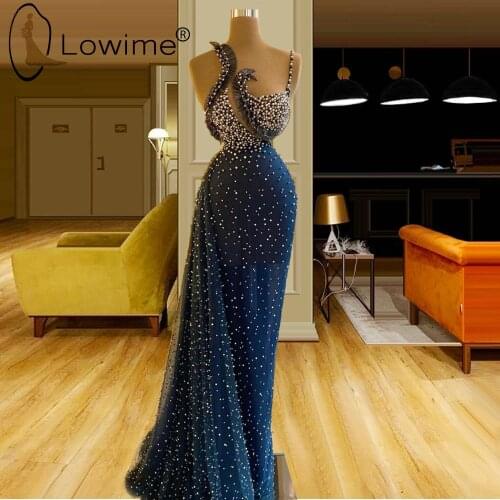 Blue Pearls Mermaid Evening Dresses Spaghetti Long Evening Gownns Robes De Soiree Sexy Formal Women Dresses