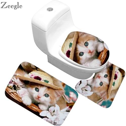 Zeegle Pet Cat Bathroom Carpet Mats Shower Mat Non Slip Flannel 3D Printed Mats Bathroom Rugs and Mat Set