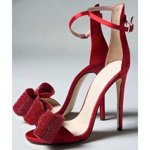 Moraima Snc Crystal Embellished Ankle Strap Woman Sandal Summer Open Toe Butterfly-knot Thin heels Dress Shoes Wedding Heels