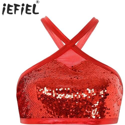 Femme Womens Sparkly Sequins Dancing Costume Halter Neck Back Cross Bustier Bra Vest Crop Tops for Jazz Raves Dances Clubwear