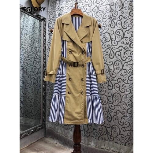 Trench Coats 2020 Autumn Winter Long Coats High Quality Women Blue Striped Print Patchwork Long Sleeve Casual Overcoats Female