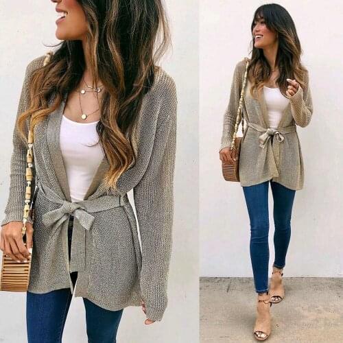 2019 New Womens Casual Long Sleeve Sashes Waist Solid Beige Cardigans Female Sweater