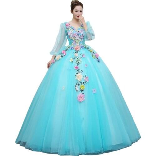 Long Sleeve Applique Quinceanera Dresses Vestidos De 15 Anos Quinceanera 2018 Ball Gown Dress Flower Women V Neck Full Sleeve